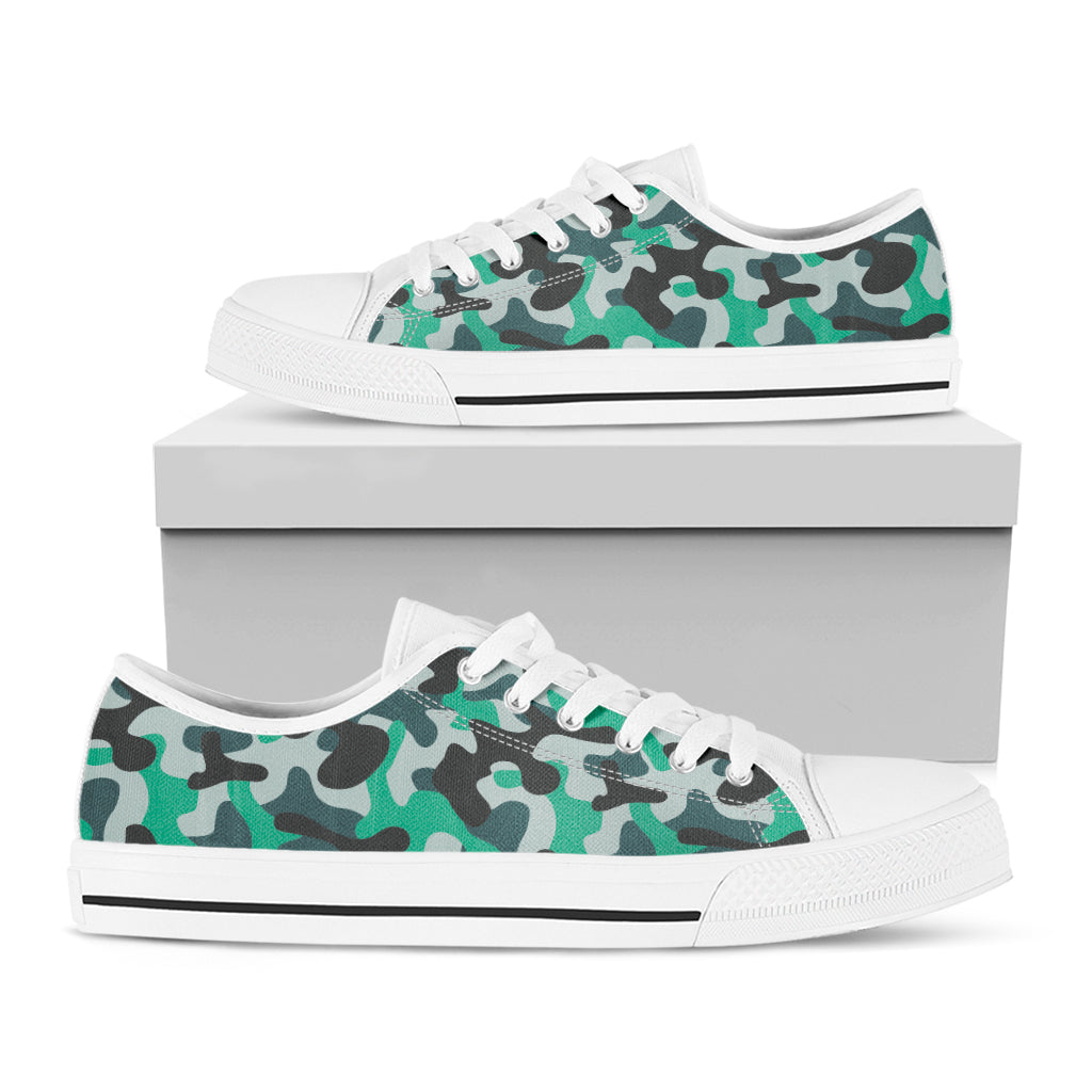 Teal And Black Camouflage Print White Low Top Sneakers