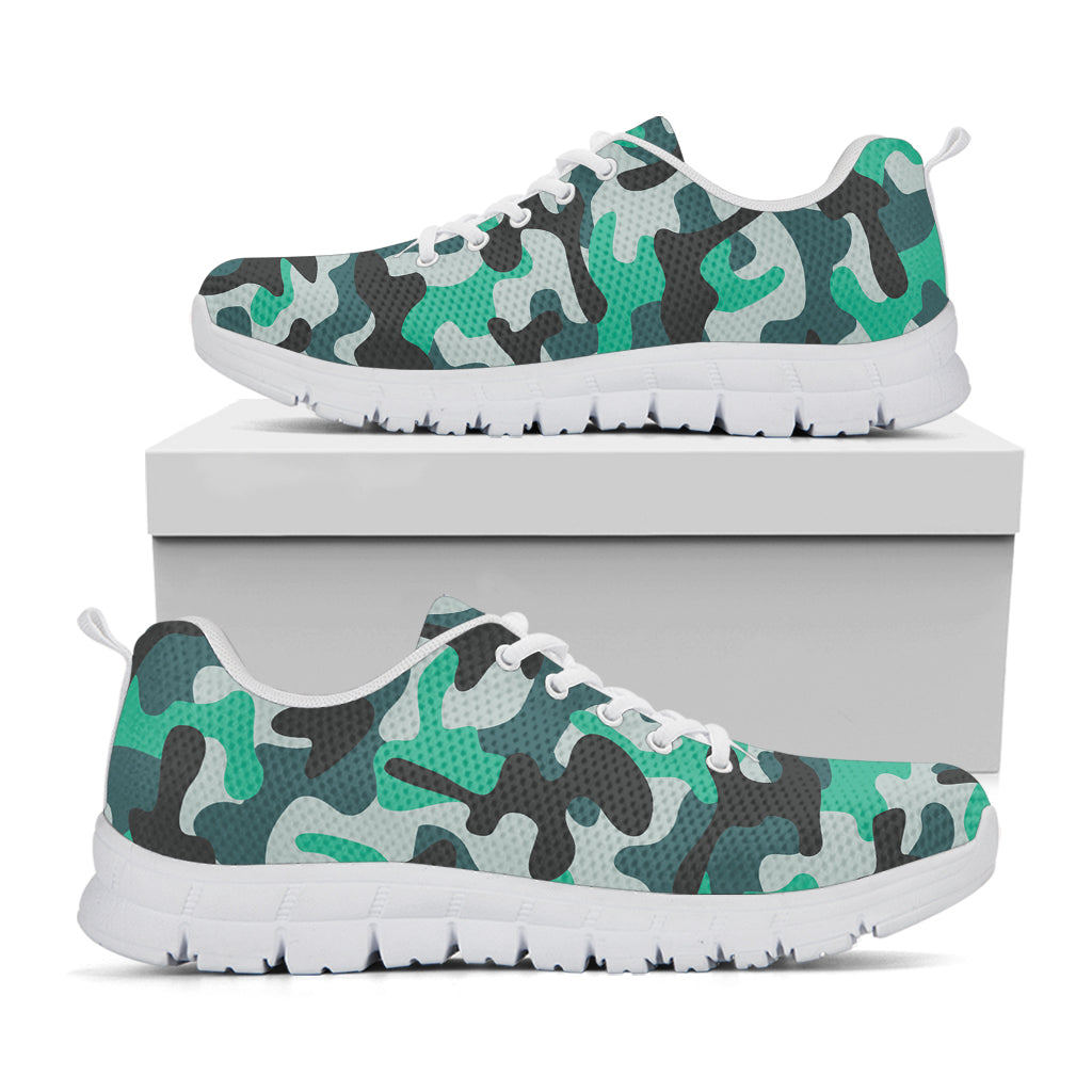 Teal And Black Camouflage Print White Running Shoes