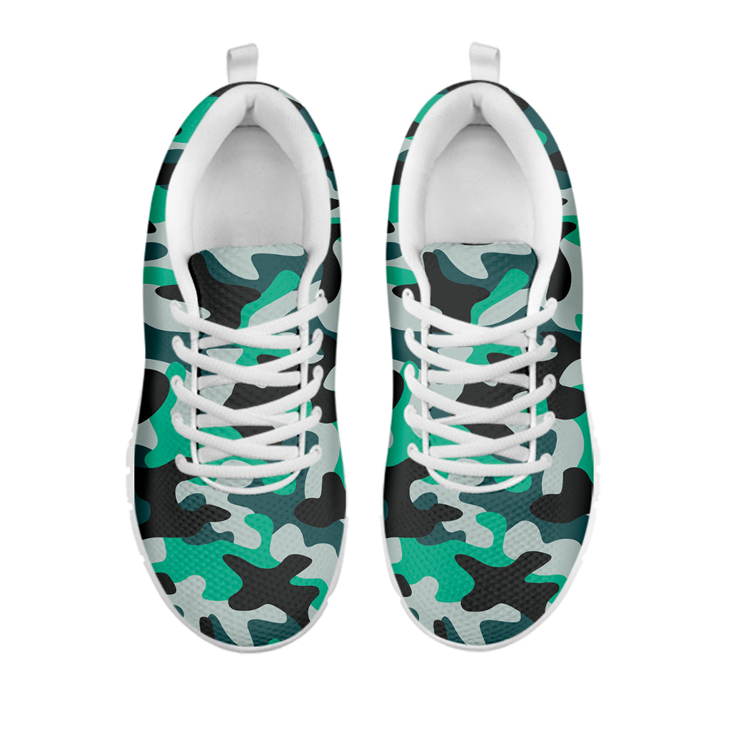 Teal And Black Camouflage Print White Running Shoes