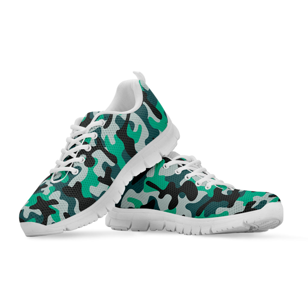 Teal And Black Camouflage Print White Running Shoes