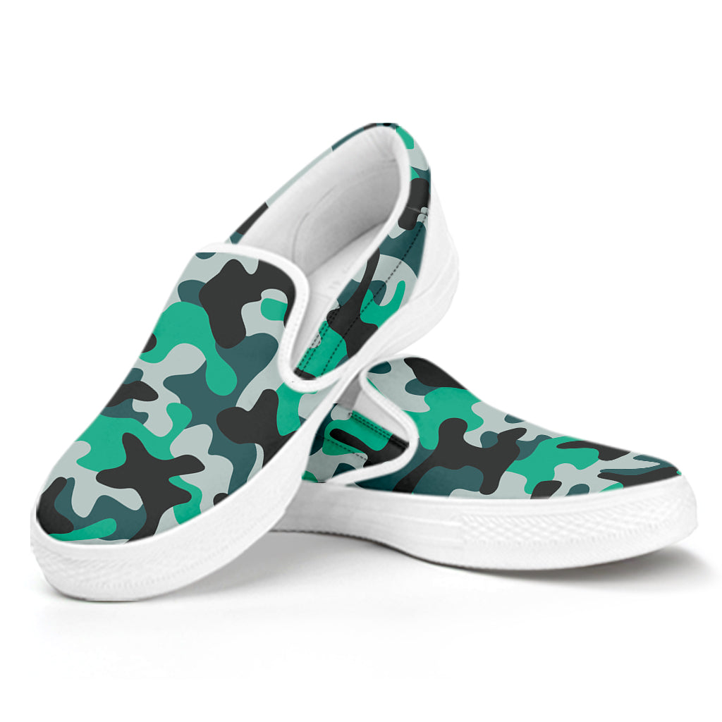 Teal And Black Camouflage Print White Slip On Sneakers