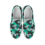 Teal And Black Camouflage Print White Slip On Sneakers