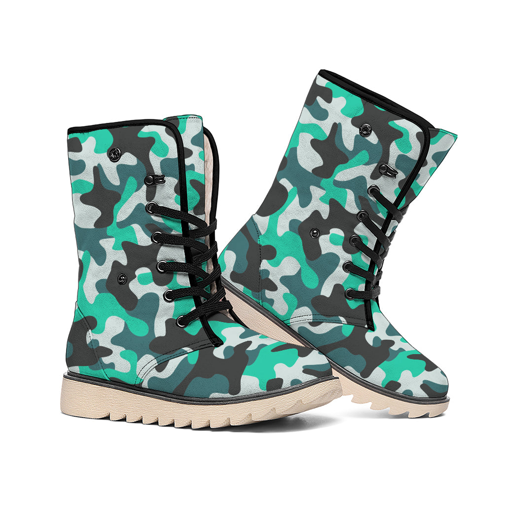 Teal And Black Camouflage Print Winter Boots