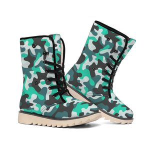 Teal And Black Camouflage Print Winter Boots