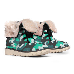 Teal And Black Camouflage Print Winter Boots