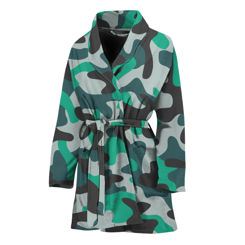 Teal And Black Camouflage Print Women's Bathrobe