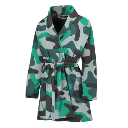 Teal And Black Camouflage Print Women's Bathrobe
