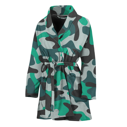 Teal And Black Camouflage Print Women's Bathrobe