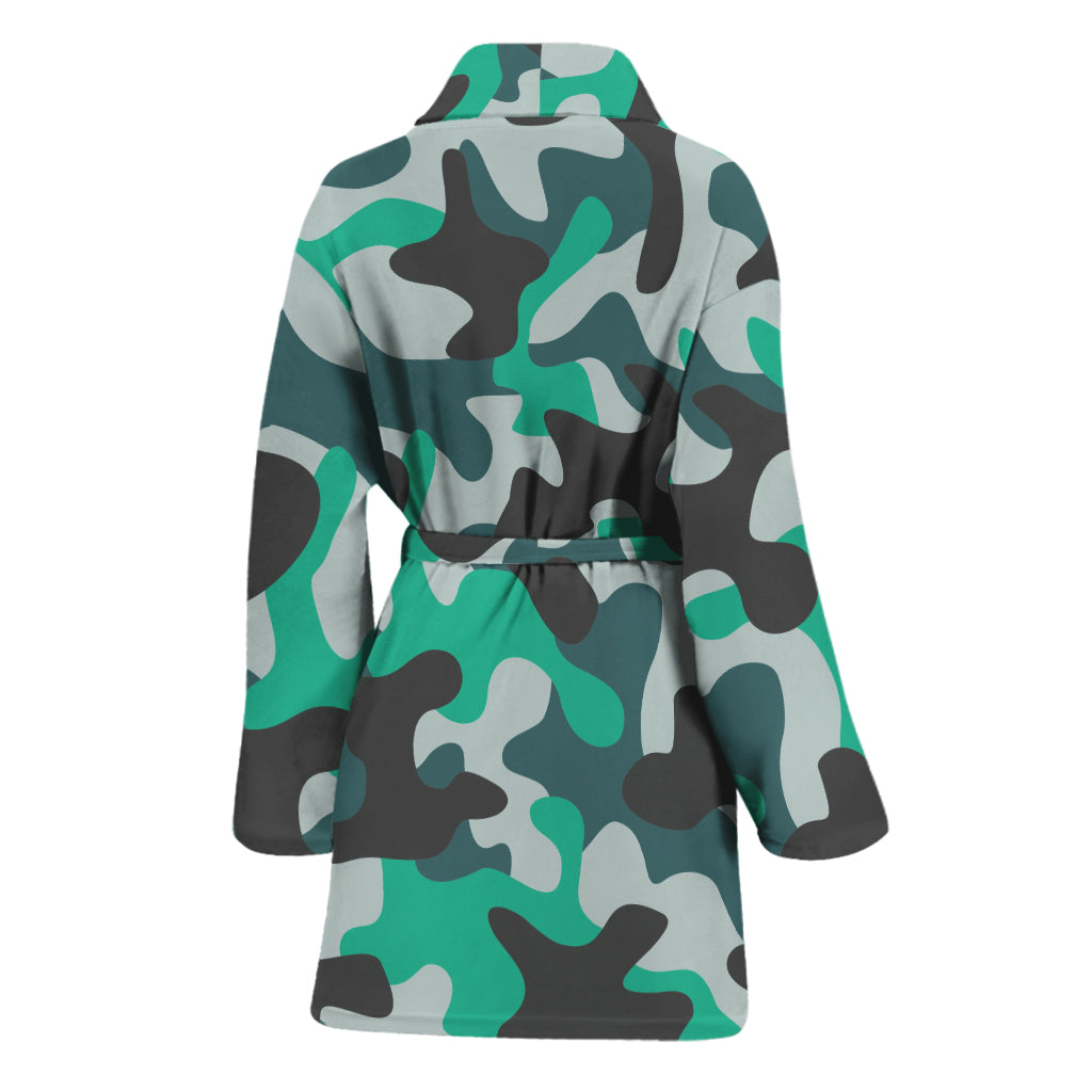 Teal And Black Camouflage Print Women's Bathrobe