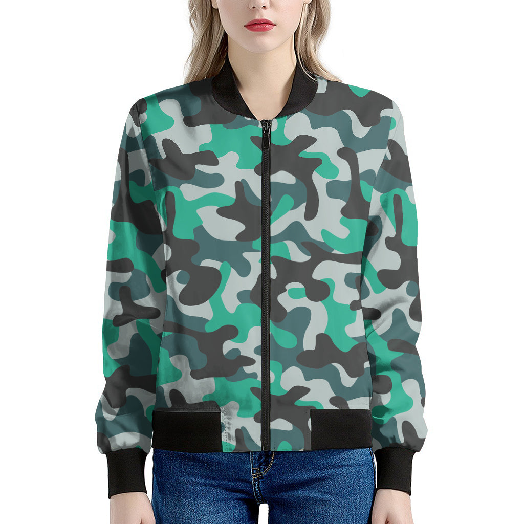 Teal And Black Camouflage Print Women's Bomber Jacket