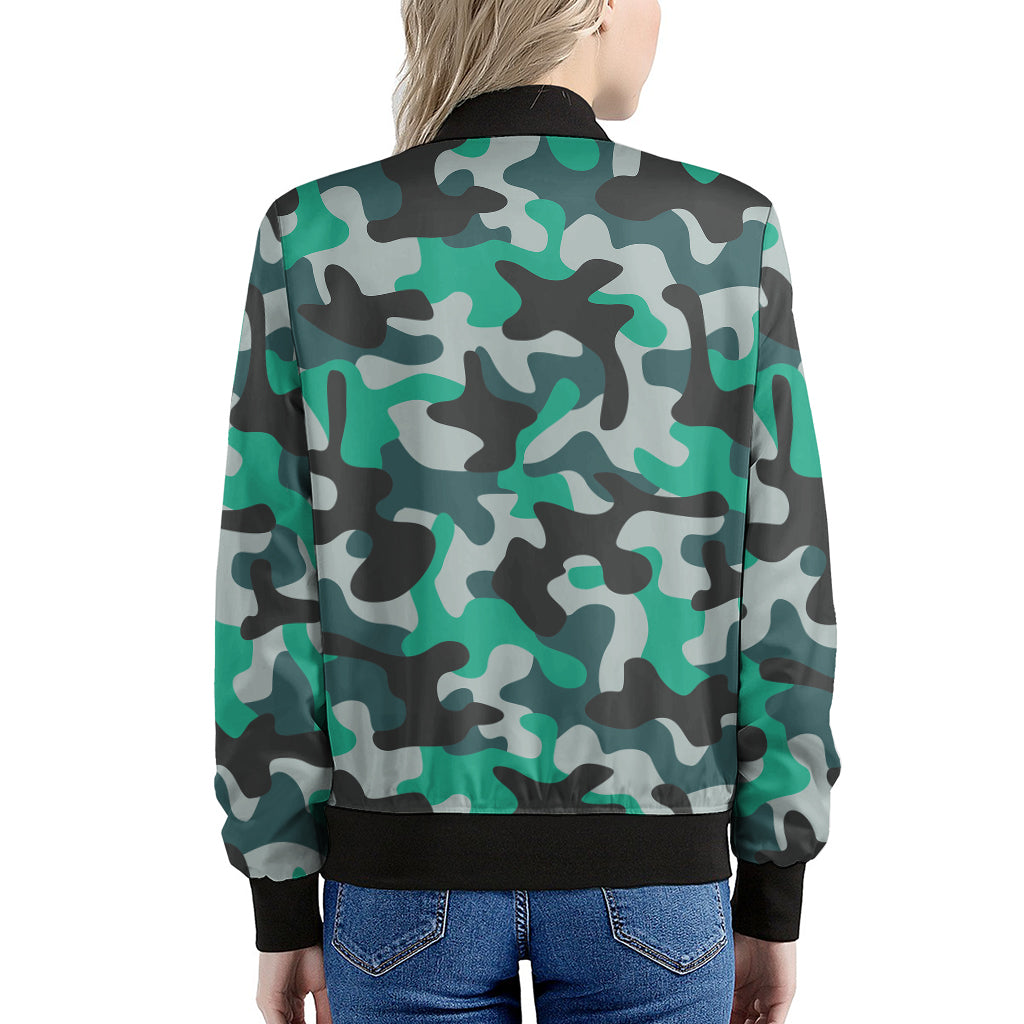 Teal And Black Camouflage Print Women's Bomber Jacket