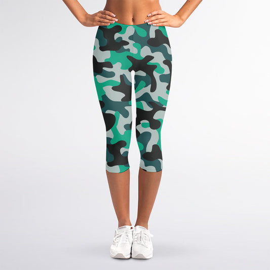 Teal And Black Camouflage Print Women's Capri Leggings