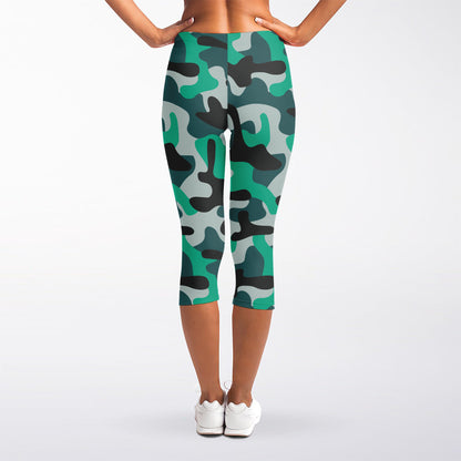 Teal And Black Camouflage Print Women's Capri Leggings