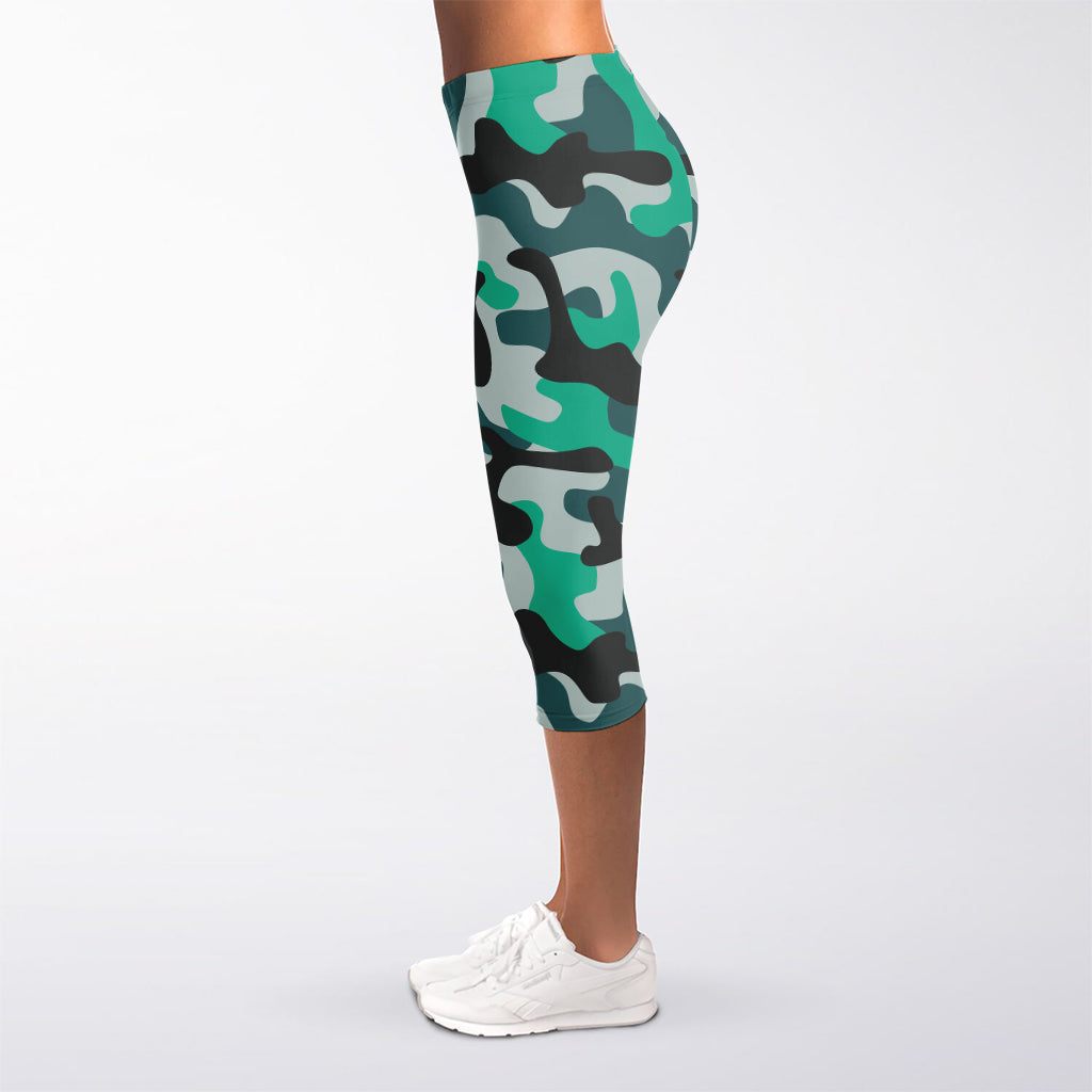 Teal And Black Camouflage Print Women's Capri Leggings