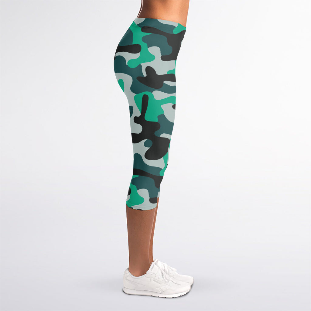 Teal And Black Camouflage Print Women's Capri Leggings
