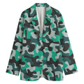 Teal And Black Camouflage Print Women's Cotton Blazer