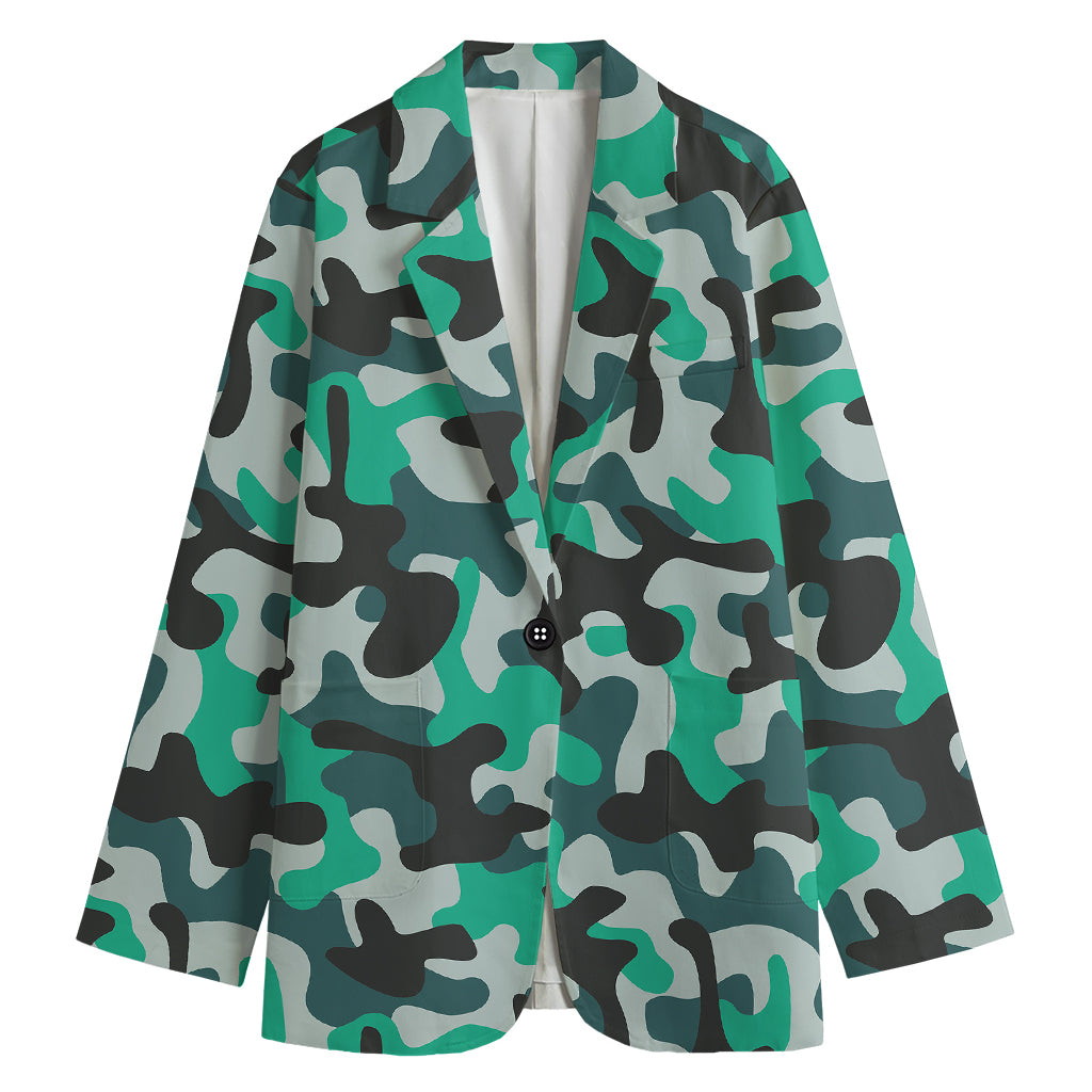 Teal And Black Camouflage Print Women's Cotton Blazer