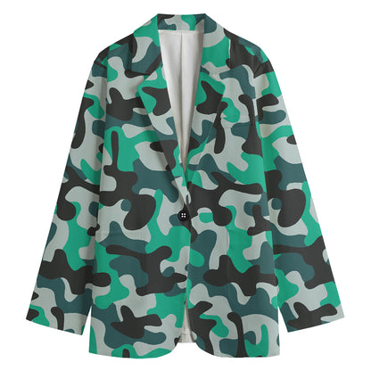 Teal And Black Camouflage Print Women's Cotton Blazer