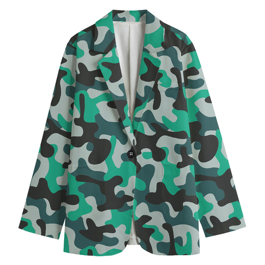 Teal And Black Camouflage Print Women's Cotton Blazer