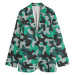 Teal And Black Camouflage Print Women's Cotton Blazer
