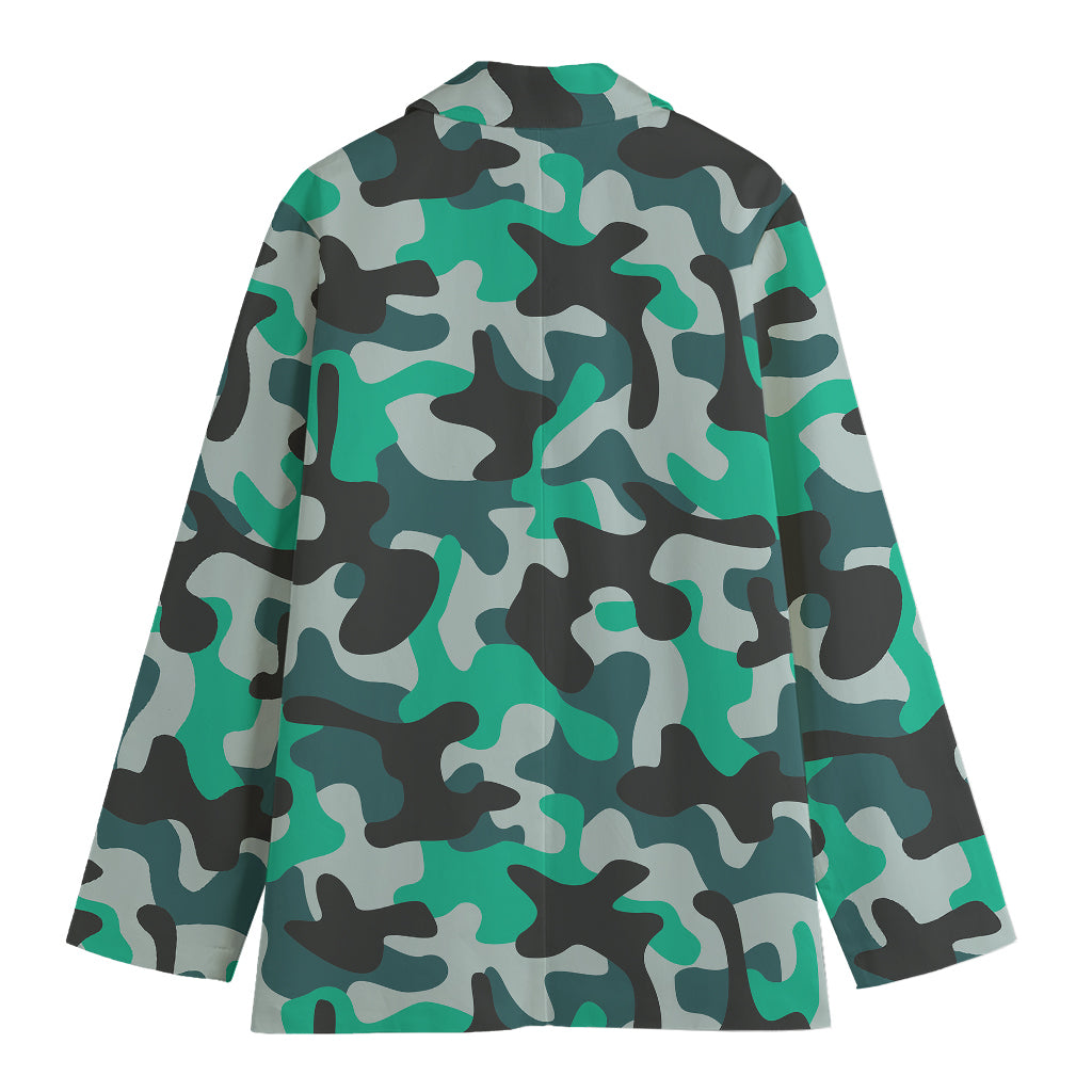 Teal And Black Camouflage Print Women's Cotton Blazer