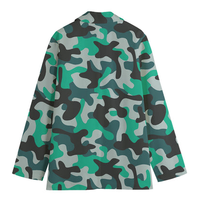 Teal And Black Camouflage Print Women's Cotton Blazer