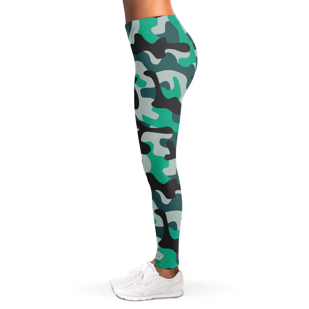 Teal And Black Camouflage Print Women's Leggings