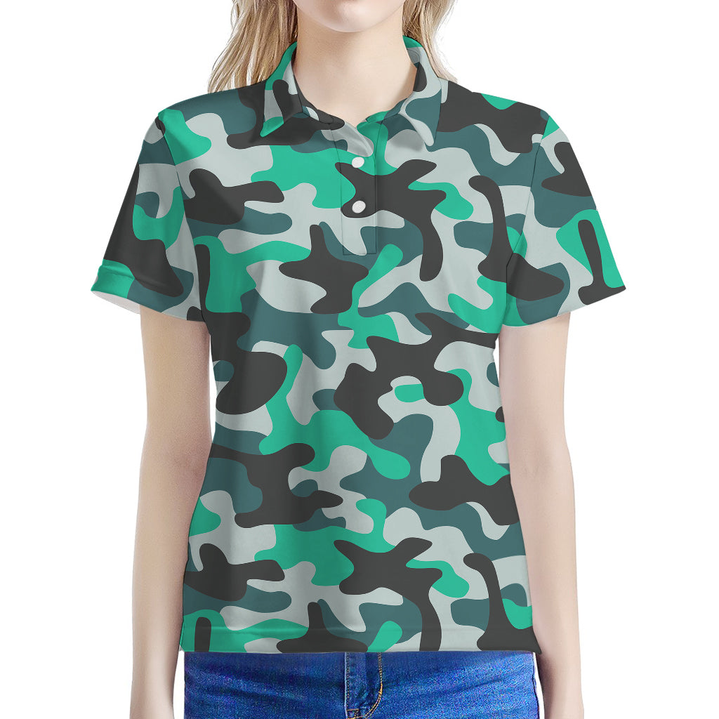 Teal And Black Camouflage Print Women's Polo Shirt