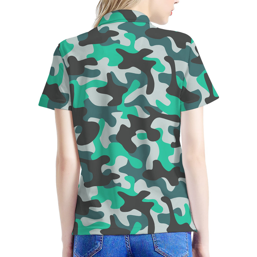 Teal And Black Camouflage Print Women's Polo Shirt