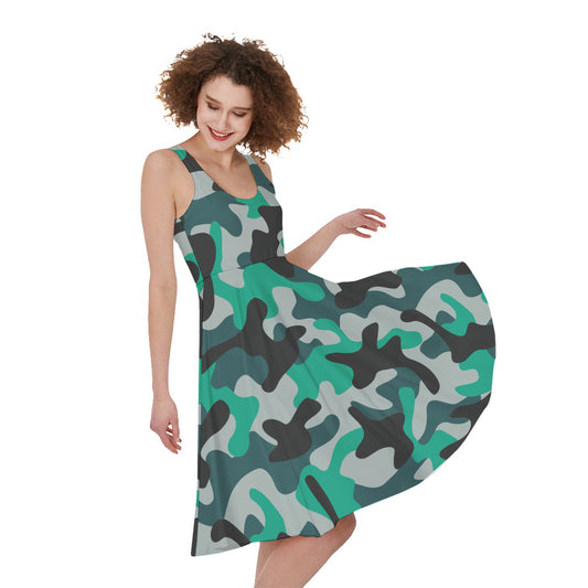Teal And Black Camouflage Print Women's Sleeveless Dress