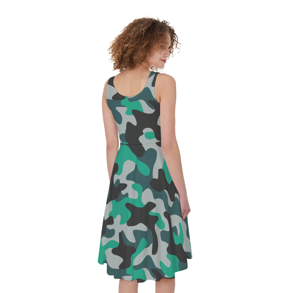 Teal And Black Camouflage Print Women's Sleeveless Dress