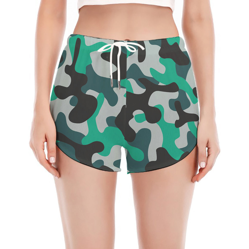 Teal And Black Camouflage Print Women's Split Running Shorts