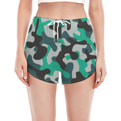Teal And Black Camouflage Print Women's Split Running Shorts