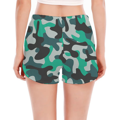 Teal And Black Camouflage Print Women's Split Running Shorts