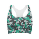 Teal And Black Camouflage Print Women's Sports Bra
