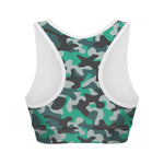 Teal And Black Camouflage Print Women's Sports Bra