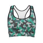 Teal And Black Camouflage Print Women's Sports Bra