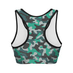 Teal And Black Camouflage Print Women's Sports Bra