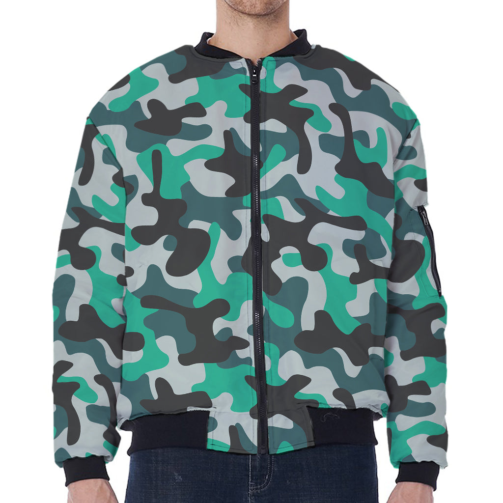 Teal And Black Camouflage Print Zip Sleeve Bomber Jacket