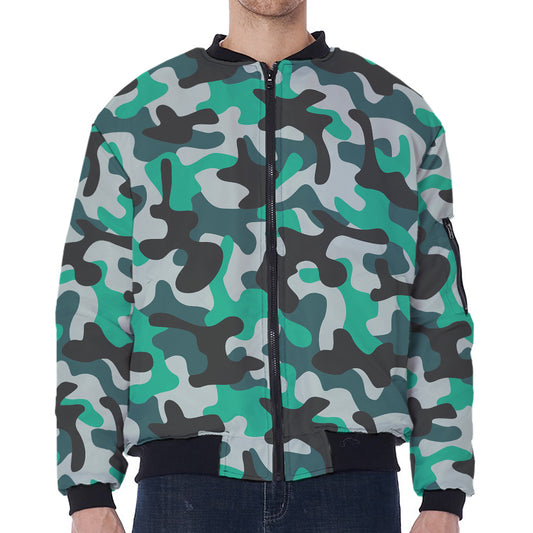 Teal And Black Camouflage Print Zip Sleeve Bomber Jacket