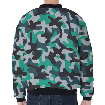 Teal And Black Camouflage Print Zip Sleeve Bomber Jacket