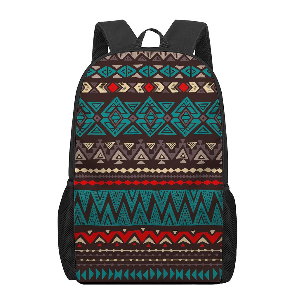 Teal And Brown Aztec Pattern Print 17 Inch Backpack