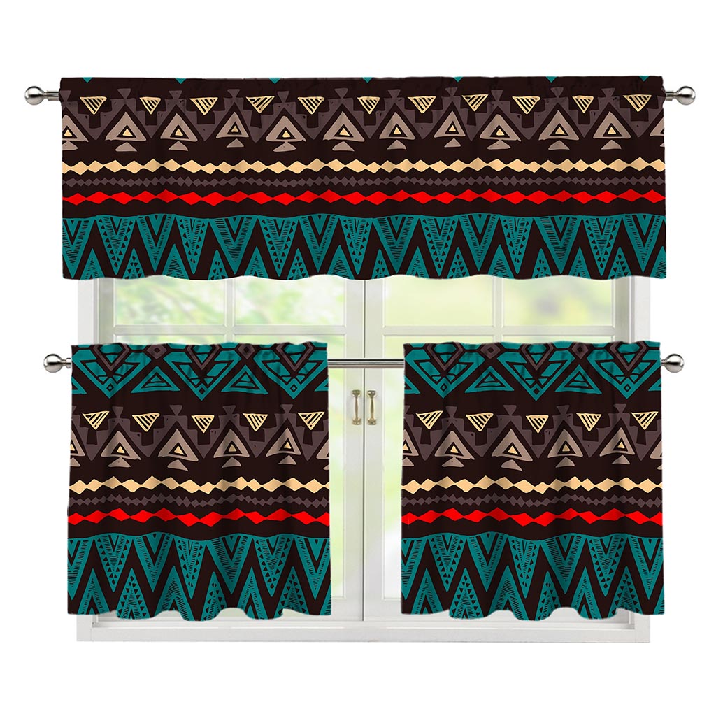 Teal And Brown Aztec Pattern Print 3 Piece Kitchen Curtains