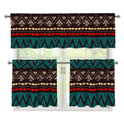 Teal And Brown Aztec Pattern Print 3 Piece Kitchen Curtains