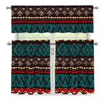 Teal And Brown Aztec Pattern Print 3 Piece Kitchen Curtains