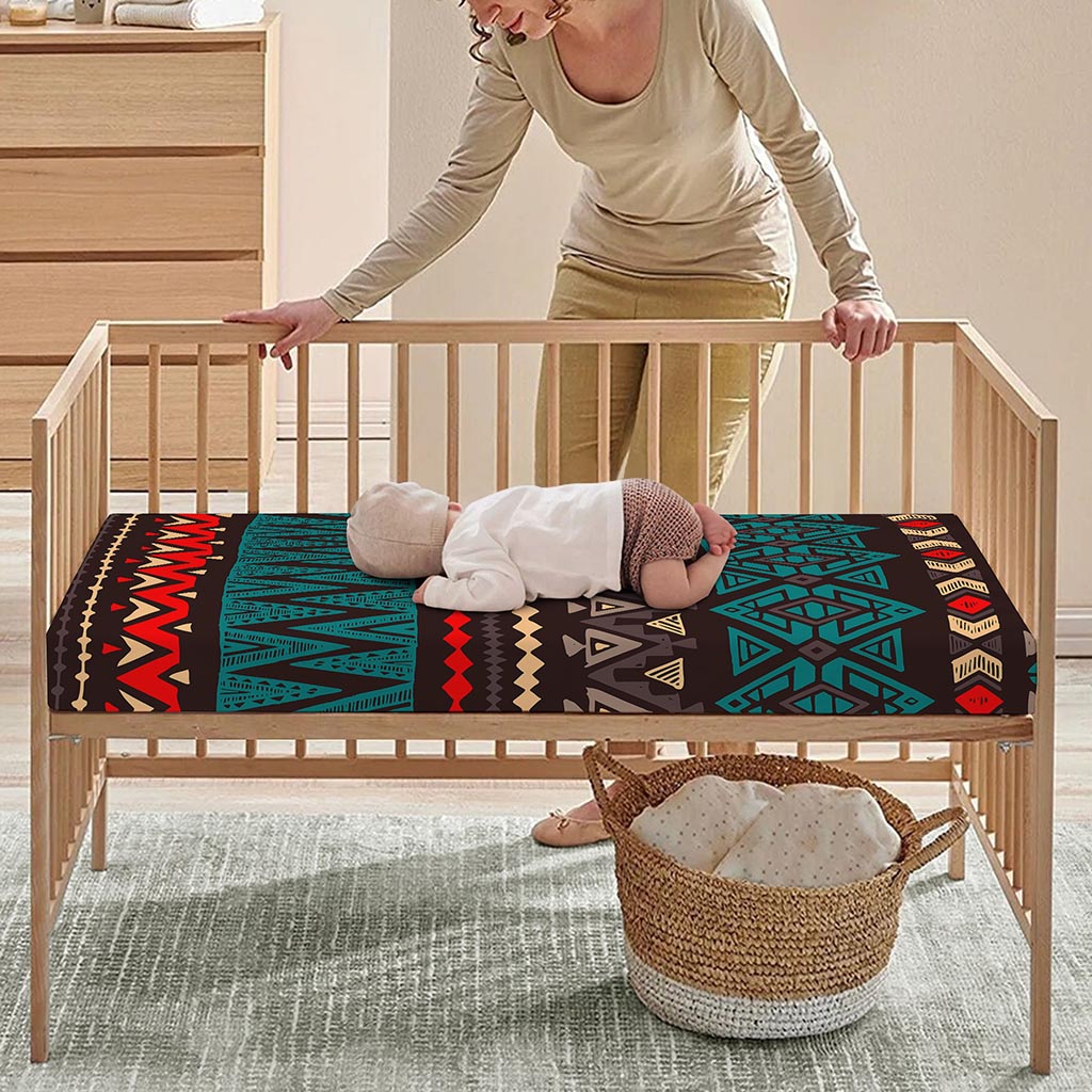 Teal And Brown Aztec Pattern Print Baby Crib Sheet