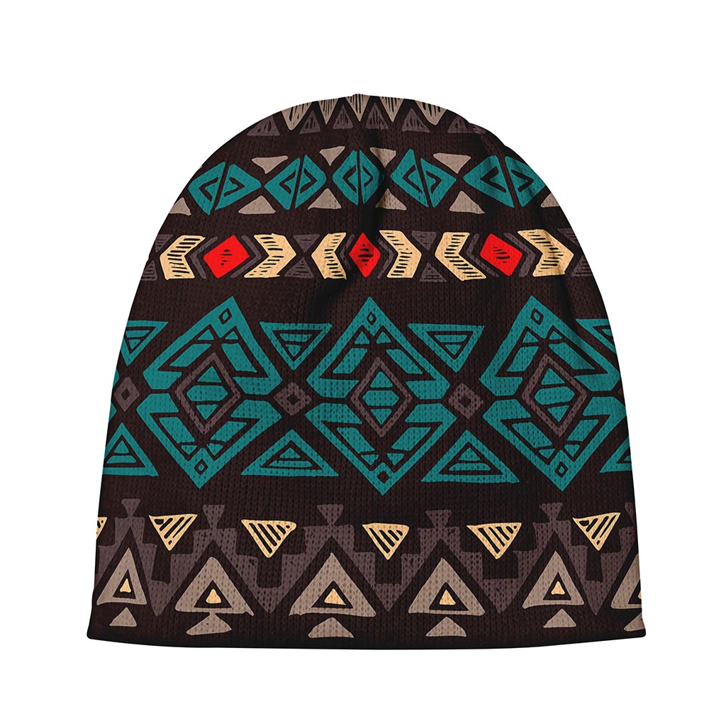 Teal And Brown Aztec Pattern Print Beanie