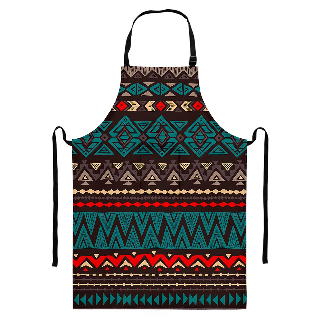 Teal And Brown Aztec Pattern Print Bib Apron With Pocket
