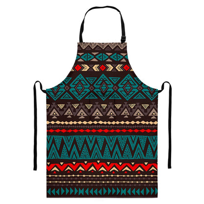 Teal And Brown Aztec Pattern Print Bib Apron With Pocket