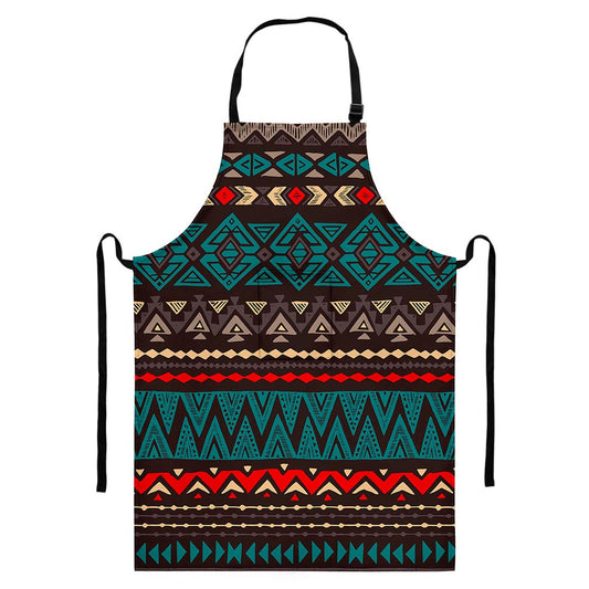 Teal And Brown Aztec Pattern Print Bib Apron With Pocket